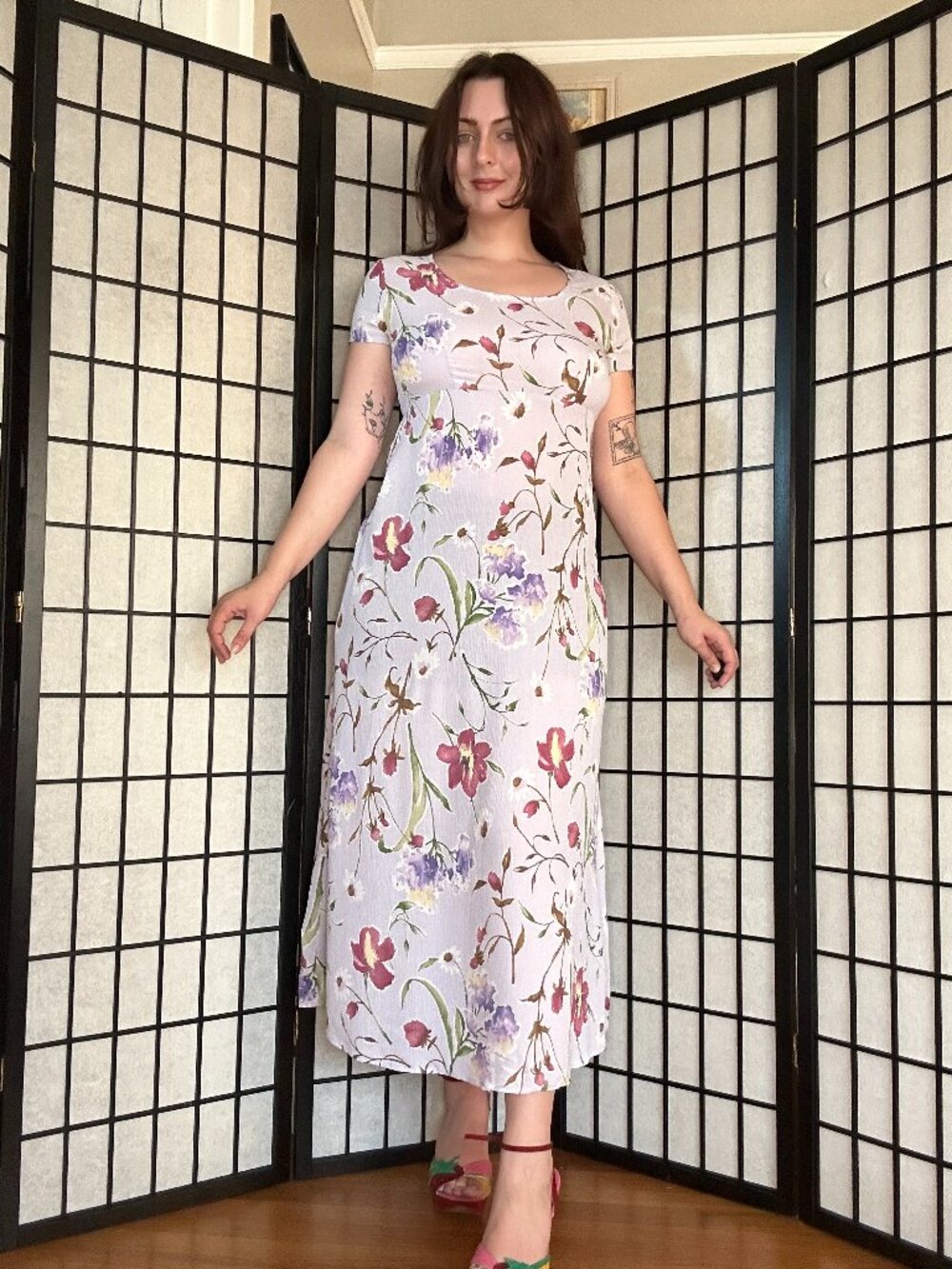 Y2K Floral Maxi Dress (L) large purple vintage maxi long short sleeve twee
